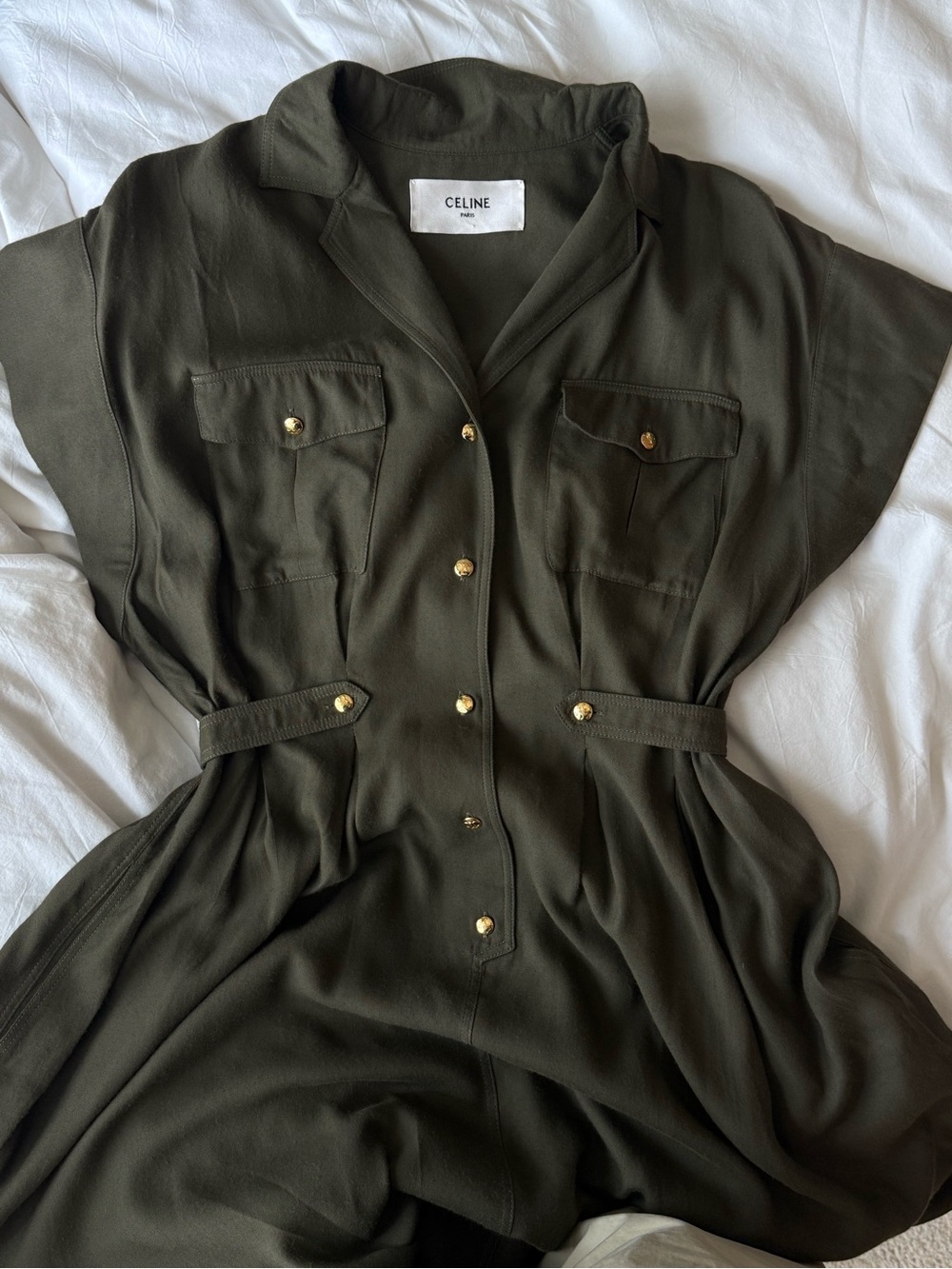 Celine Olive Utility Shirt Dress with Gold Buttons